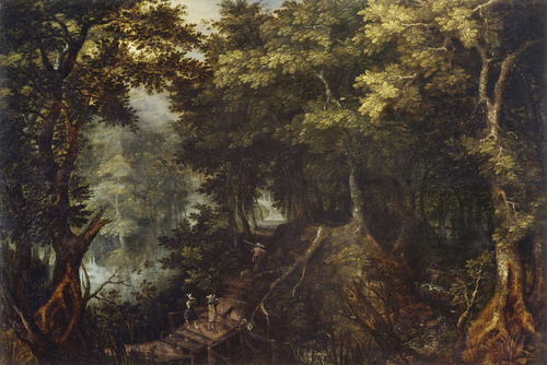 Landschaft mit Reiherjägern“ von Gillis van Conninxloo, Öl  auf Eichenholz, 1605