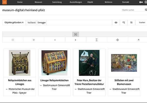 Trefferliste mit vier Objekten auf der Digitalisierungsplattform museum digital.