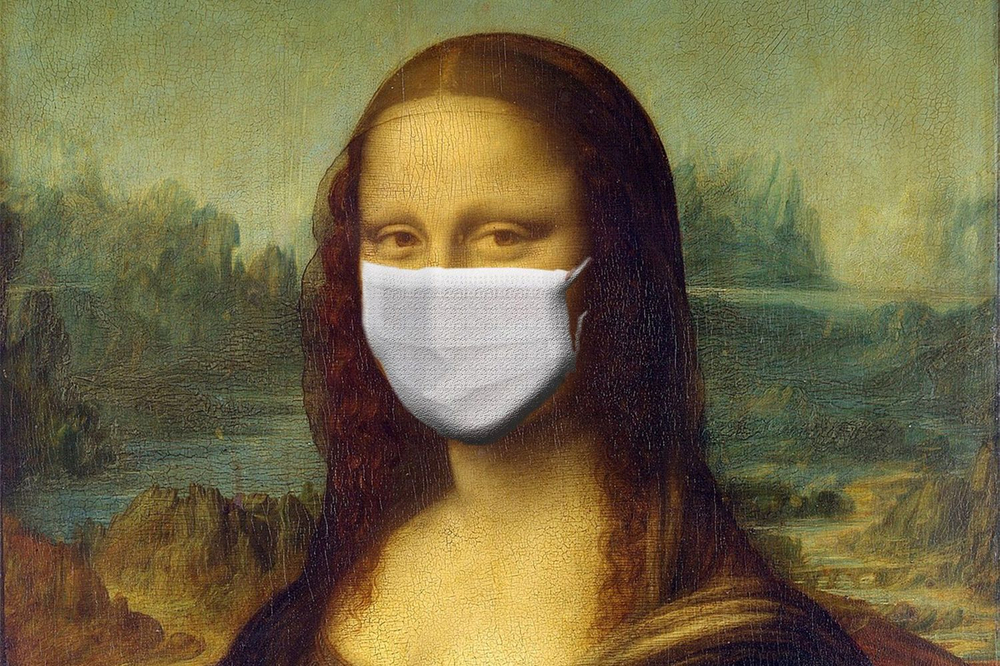 Ausschnitt des Gemäldes Mona Lisa mit Atemschutzmaske.