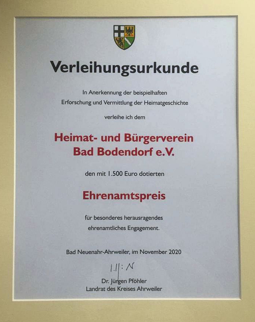 Urkunde Ehrenamtspreis des Kreises Ahrweiler