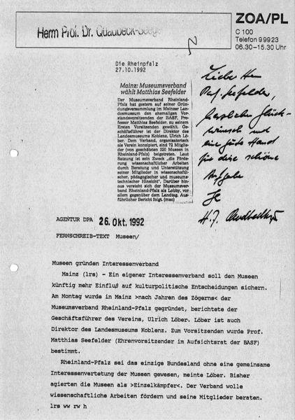 dpa-Meldung zur Gründung des Museumsverbands Rheinland-Pfalz am 26.10.1992.